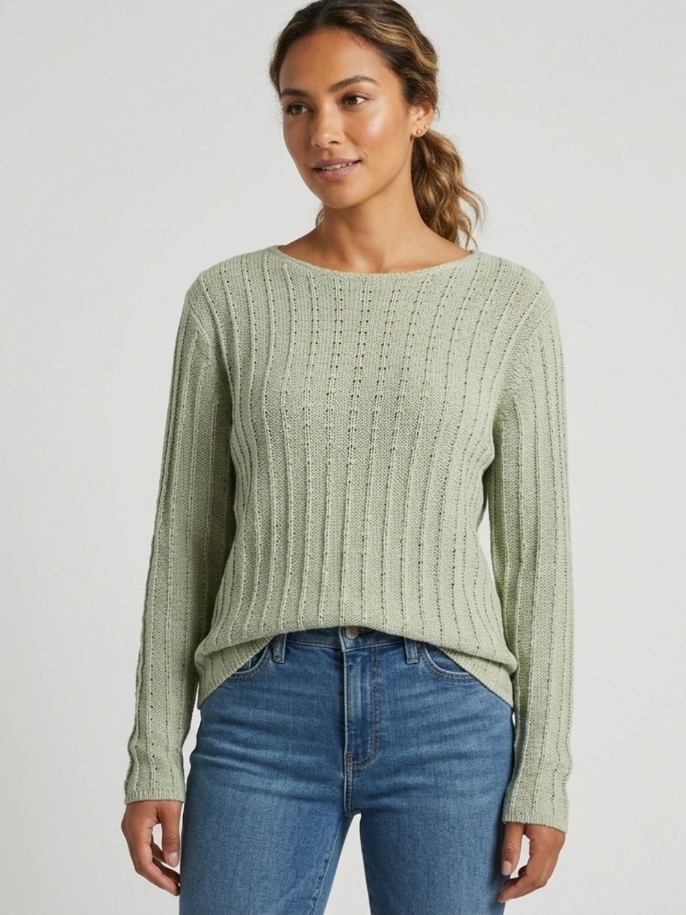 Cotton Ginny Light Sage Crewneck Ribbed Sweater Size Small
